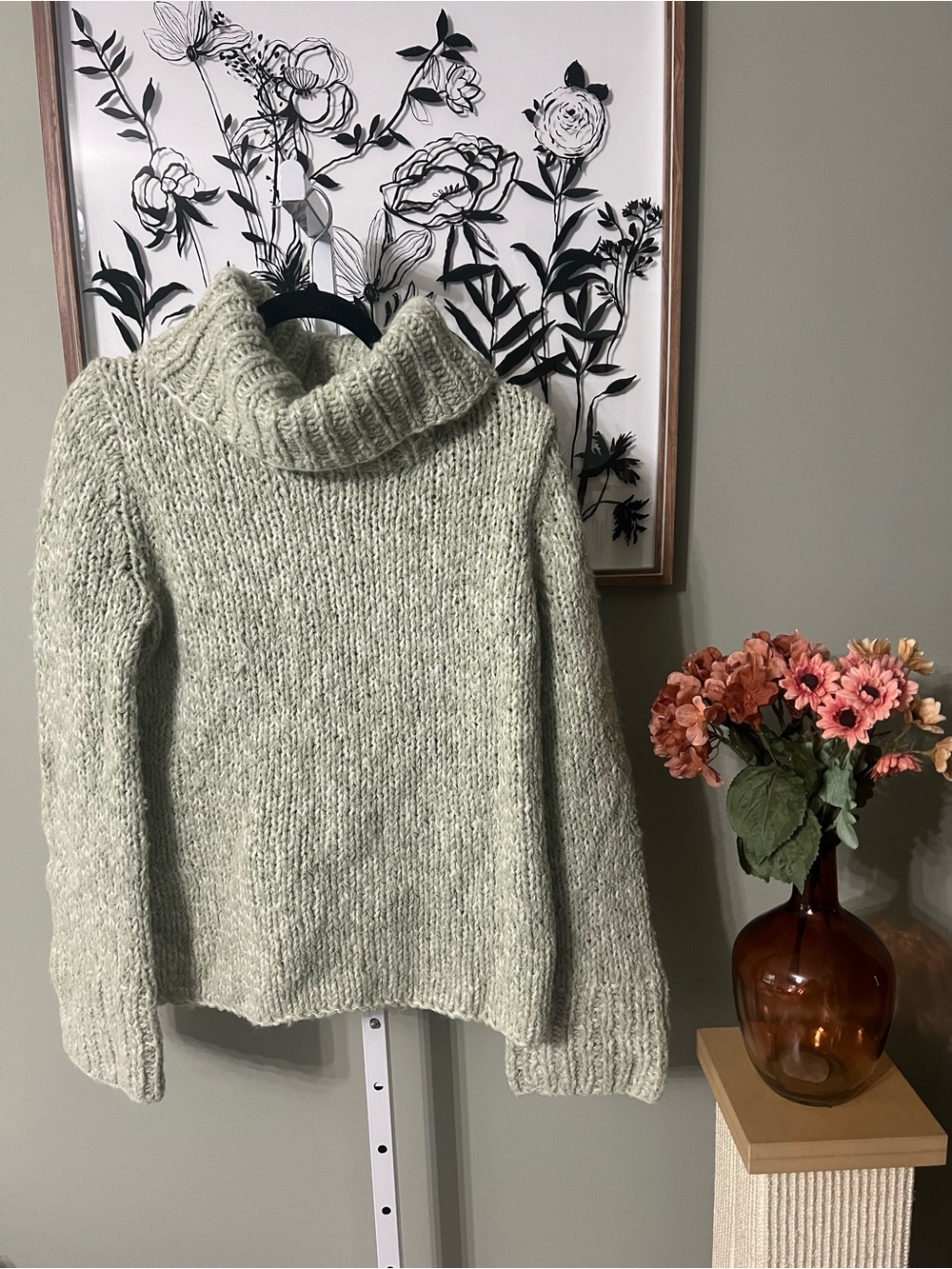 Express Handknit Light Sage Wool Chunky Knit Oversized Turtleneck Sweater Size L